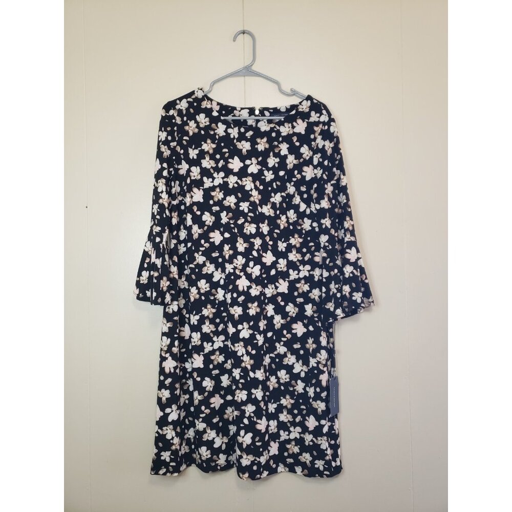Tommy Hilfiger Womens 12 Mini Shift Dress Black Floral Flare Sleeve Office NWT - Picture 1 of 6